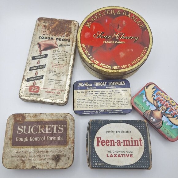 Vintage Tins Medicine Cabinet Props Sucrets Cough Drops Feena Mint Gum Box - Picture 1 of 13